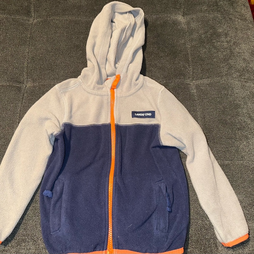 Lands' End Kids' Navy and Light Gray Hoodie with Orange Accents